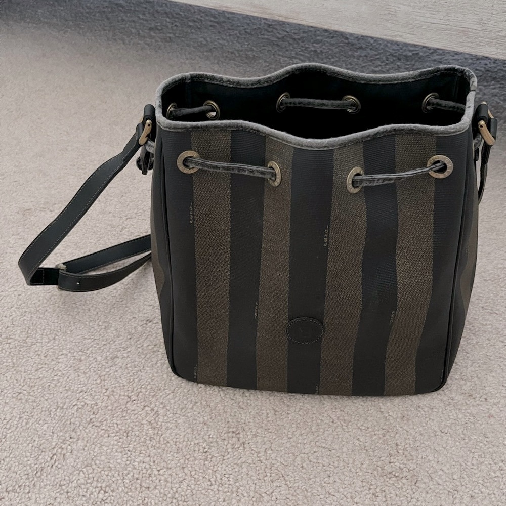 Vintage Fendi Black and Brown Shoulder Striped Bucket Bag